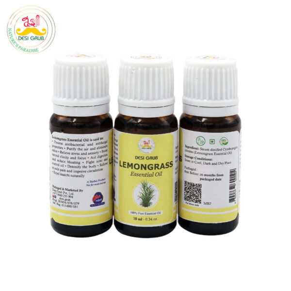 Desi Grub Lemongrass Essential Oil 10ml| 100% Pure | Natural Air Freshener, Insect Repellent & Skin Detox Oil
