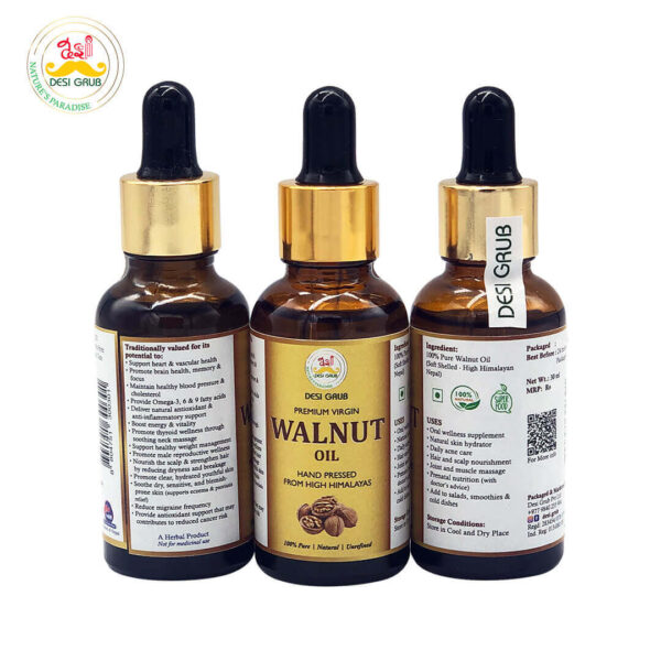 Desi Grub Pure Walnut Oil 30ml | Hand Pressed Himalayan | Supports Heart Health, Glowing Skin & Strong Hair