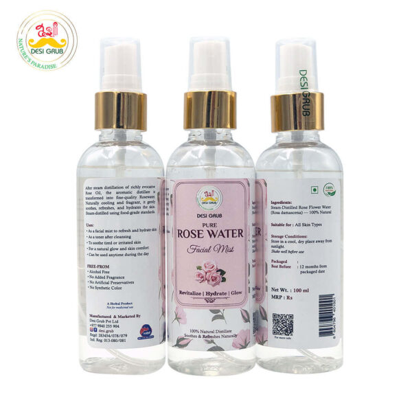 Desi Grub Rosewater 100 ml | 100% Natural Steam-Distilled, Hydrating & Soothing Facial Mist & Toner