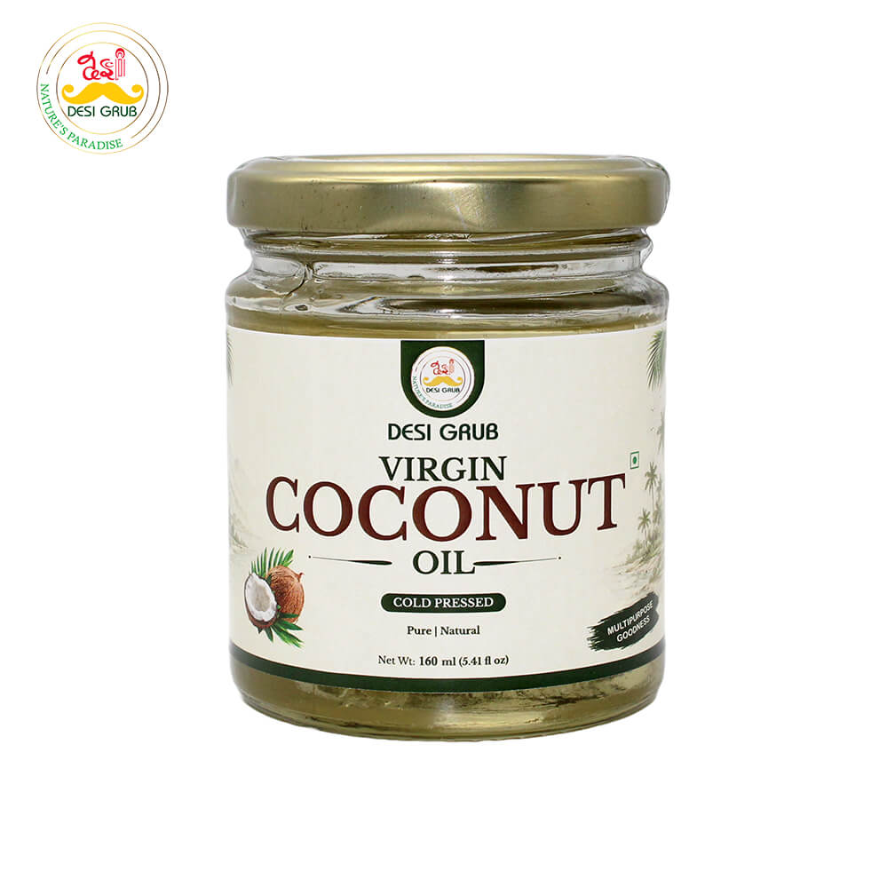 1-Virgin Coconut Oil 100 ml Desi Grub Virgin Coconut Oil 160ml | Pure Cold-Pressed | Naturally Rich in Lauric Acid | Hair, Skin & Culinary Use
